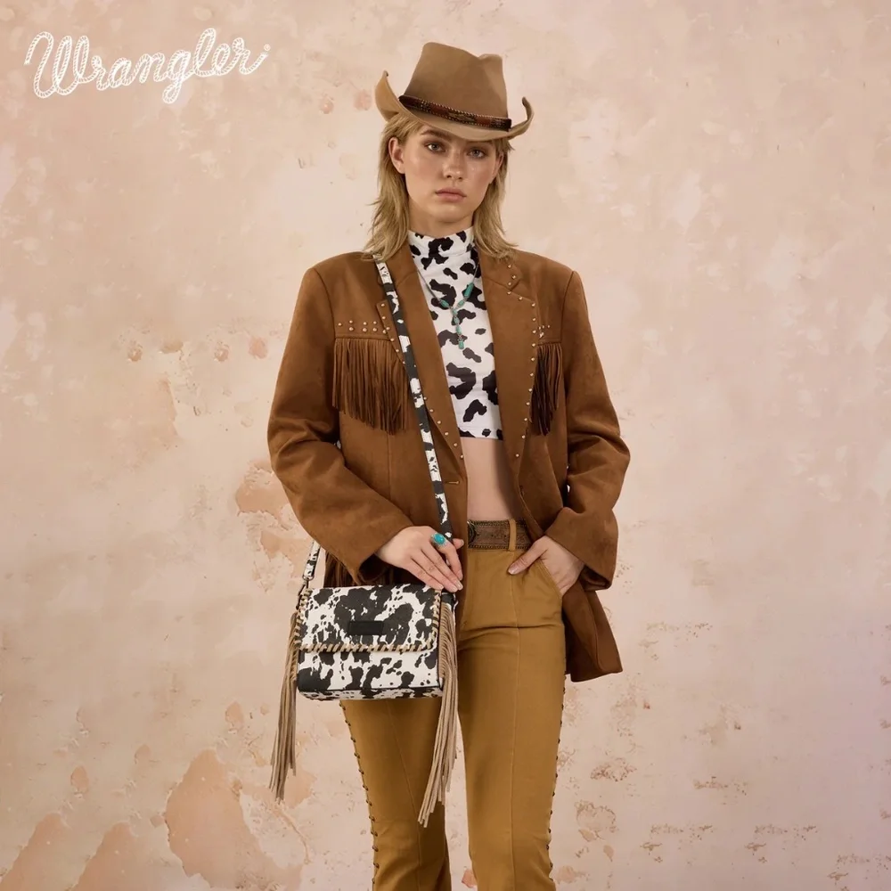 Wrangler Cow Print Fringe Crossbody Bag -Black - Picture 2 of 8